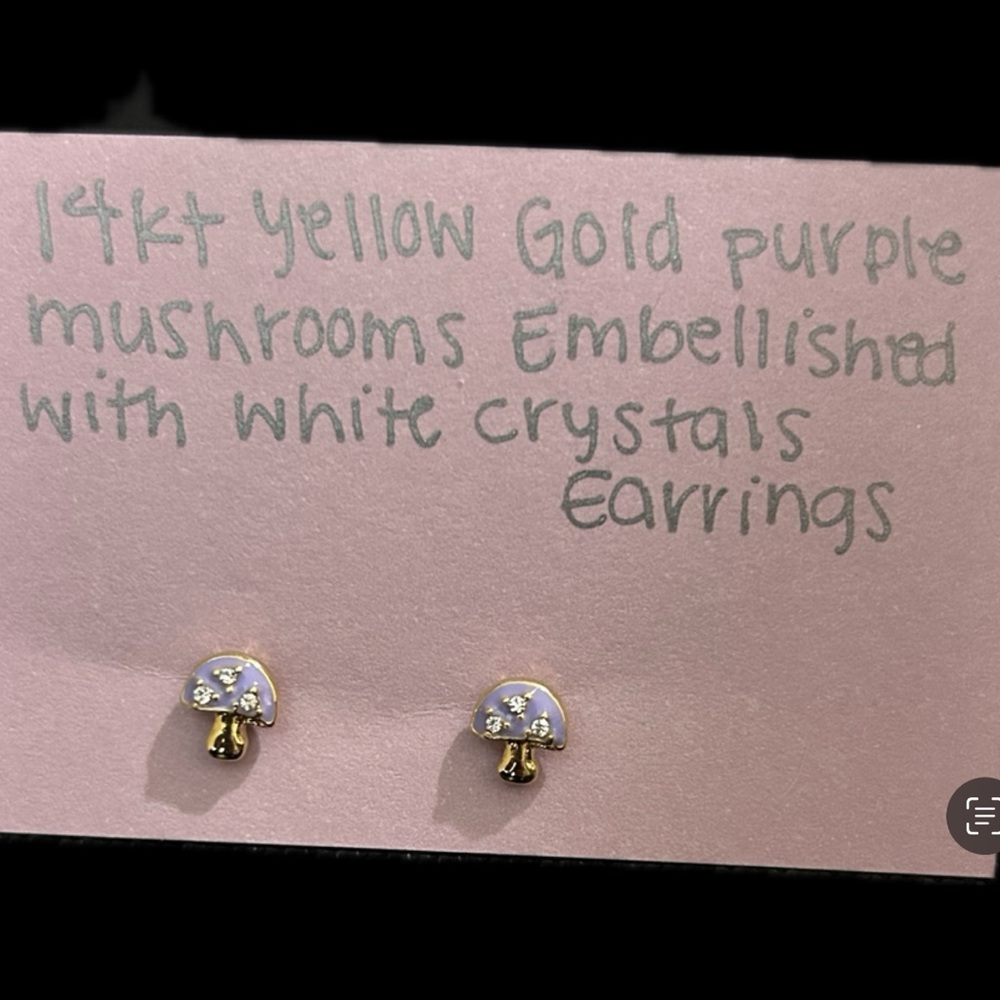 *NEW* 14kt Yellow Gold Purple Mushroom Embellished with/ White Crystals Earrings